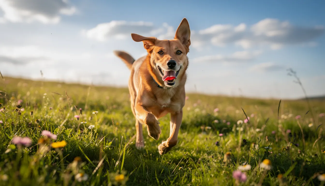Na zdjęciu widoczny jest szczęśliwy pies biegnący po zielonej łące w słoneczny dzień, co symbolizuje radość i zdrowie układu oddechowego. Warto pamiętać, że niektóre rasy psów mogą być podatne na choroby układu oddechowego, w tym astmę oskrzelową, co może wpływać na ich aktywność.