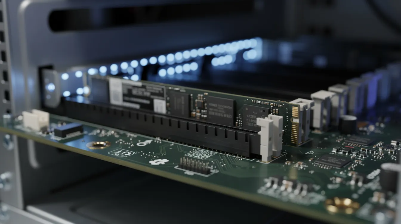 The image shows a close-up view of NVMe SSD drives neatly installed within a server chassis, highlighting the sleek design and high-performance storage solutions used in modern data centers for efficient server management. These SSDs are essential for hosting services, offering fast data access and reliable performance in a Windows server environment.