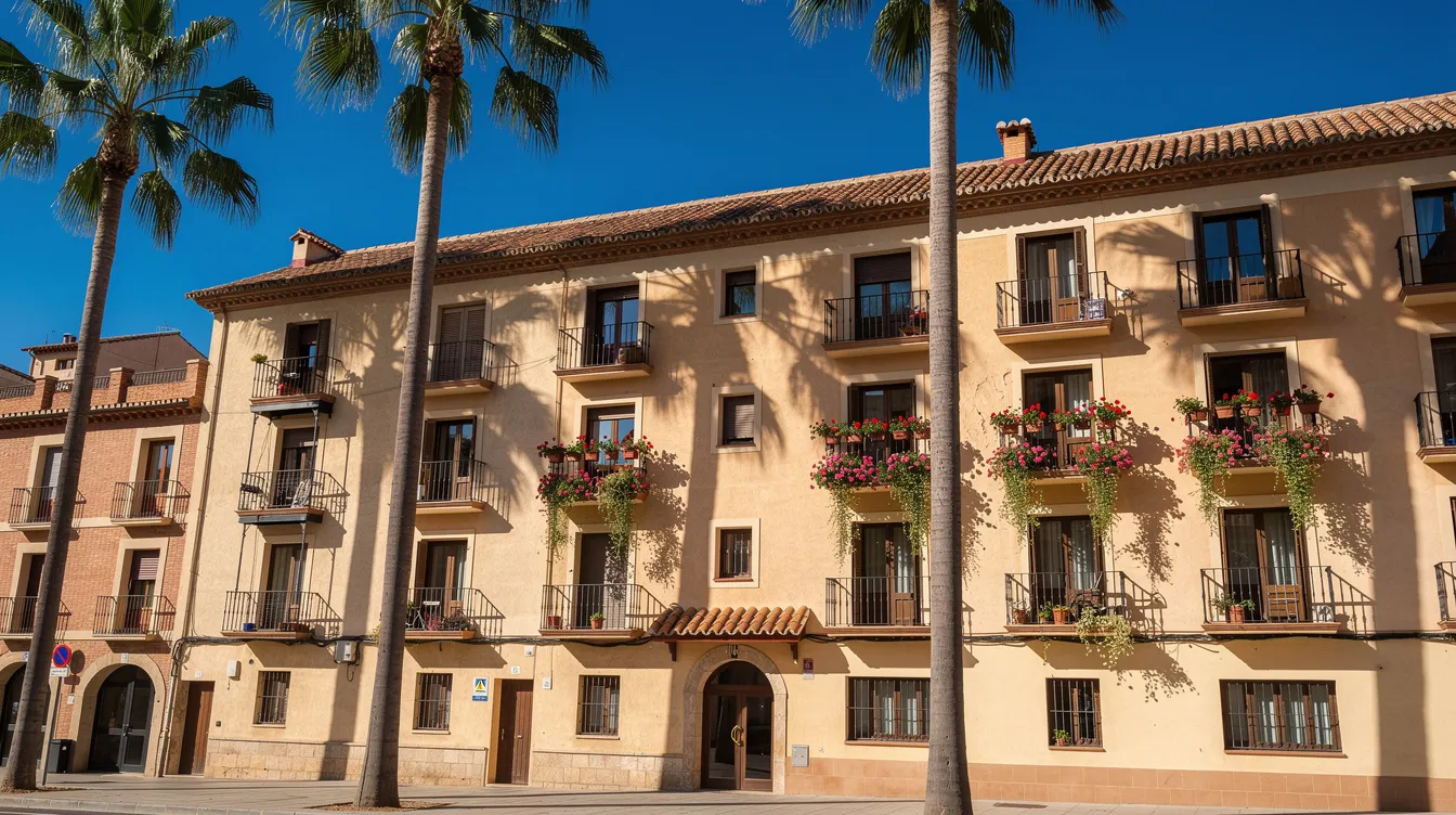 The image depicts a charming Mediterranean-style Spanish apartment building surrounded by lush palm trees under a clear blue sky, reflecting the vibrant atmosphere of Spanish life. This picturesque scene could be a reminder of the importance of understanding Spanish inheritance laws, especially for those considering property in Spain and the associated tax obligations.