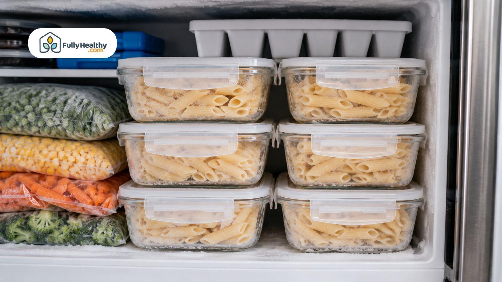 Frozen cooked penne pasta stored in airtight containers inside home freezer.