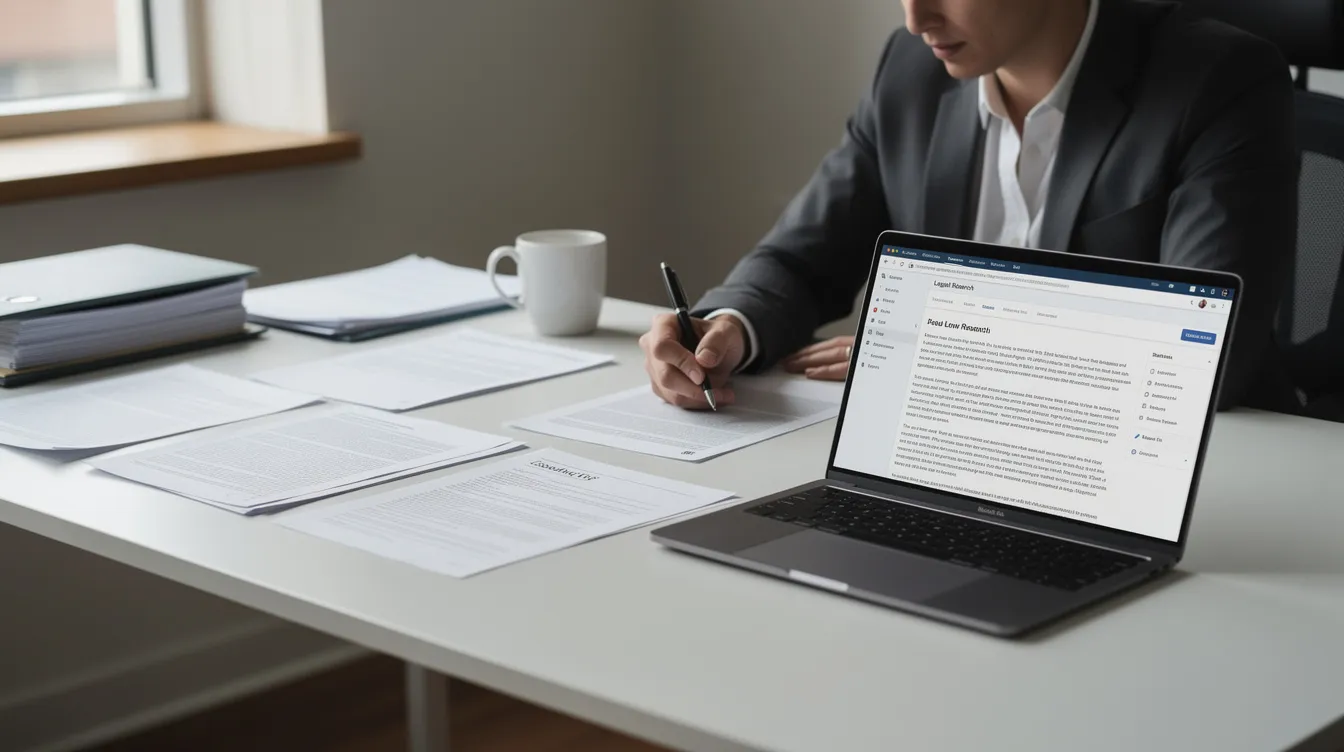 The image shows a person sitting at a desk, intently reviewing documents while a laptop displays a legal research page related to medical cannabis laws in West Virginia. The scene suggests a focus on understanding the state's medical cannabis program and regulations surrounding hemp-derived products.