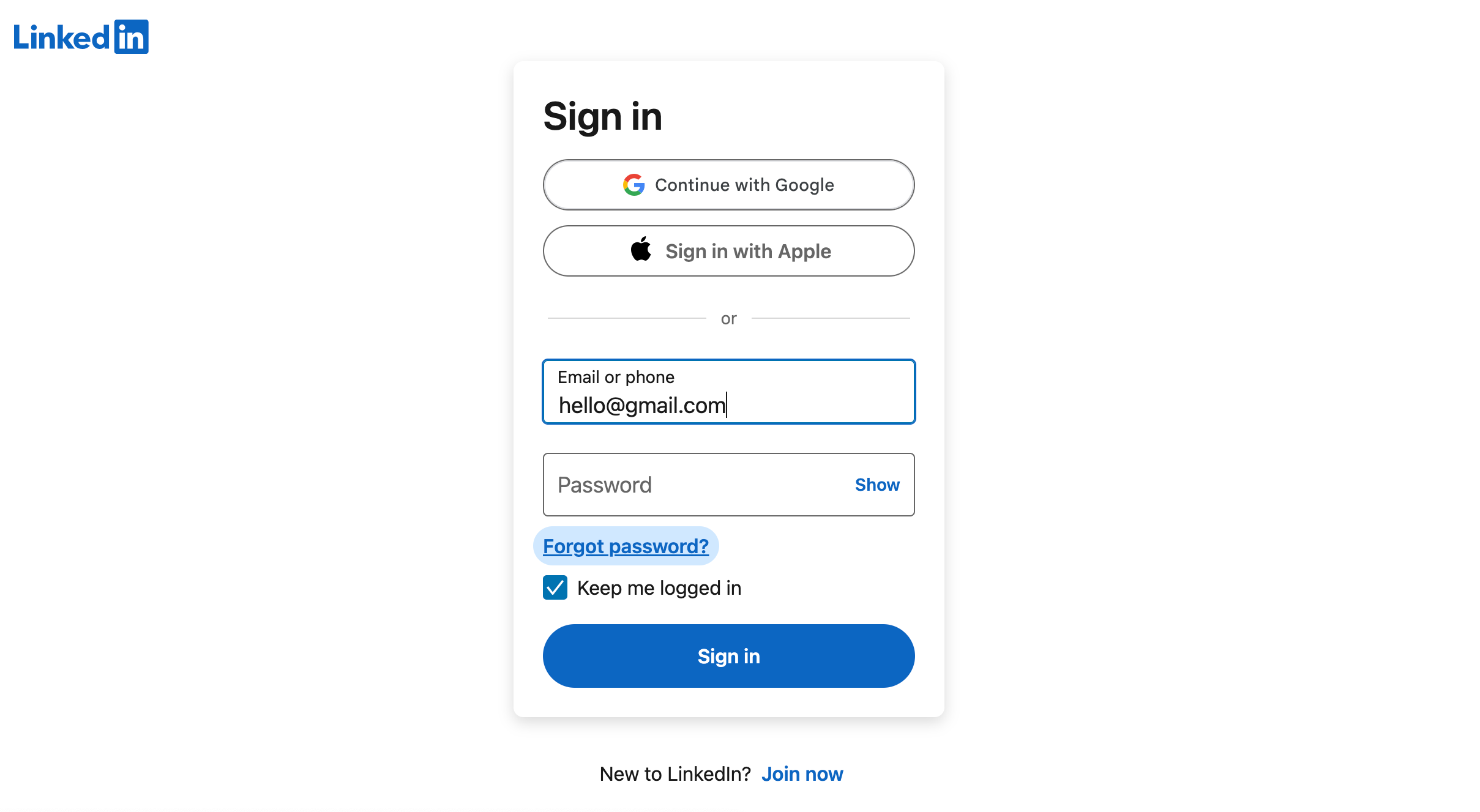 LinkedIn Forgot password screen