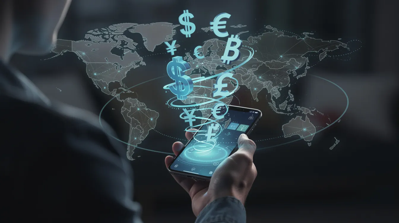 A person is holding a smartphone surrounded by floating currency symbols, illustrating the concept of digital international money transfers. This image highlights the ease of using money transfer services like Wise and Revolut for sending money abroad, emphasizing the benefits of low-cost international transfers and transparent fees.
