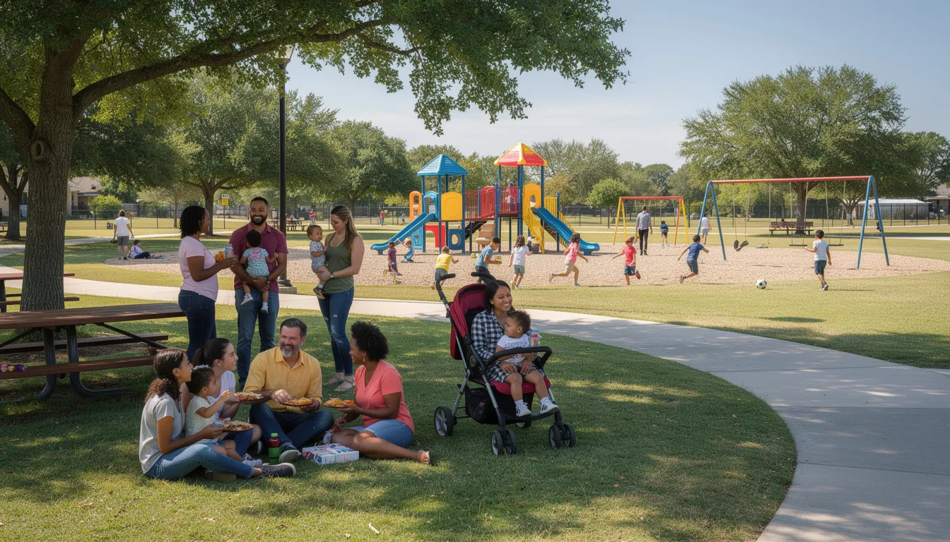 The image depicts diverse families enjoying a sunny day at a community park, with children playing in the background, some engaged in a friendly nerf battle using colorful nerf blasters and foam balls. The scene captures the joy of community and play, with laughter and excitement filling the air as kids run around, dodging and shooting nerf darts.