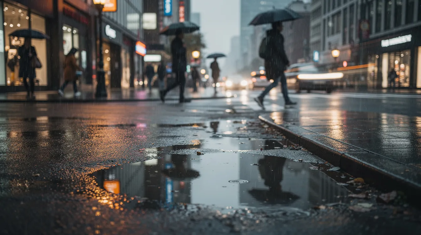 The image depicts a rainy urban street where puddles have formed, with pedestrians walking along the sidewalk, some of whom might get splashed by passing vehicles. The scene captures the hustle of city life while highlighting the importance of driving laws and safety regulations, especially in wet conditions.