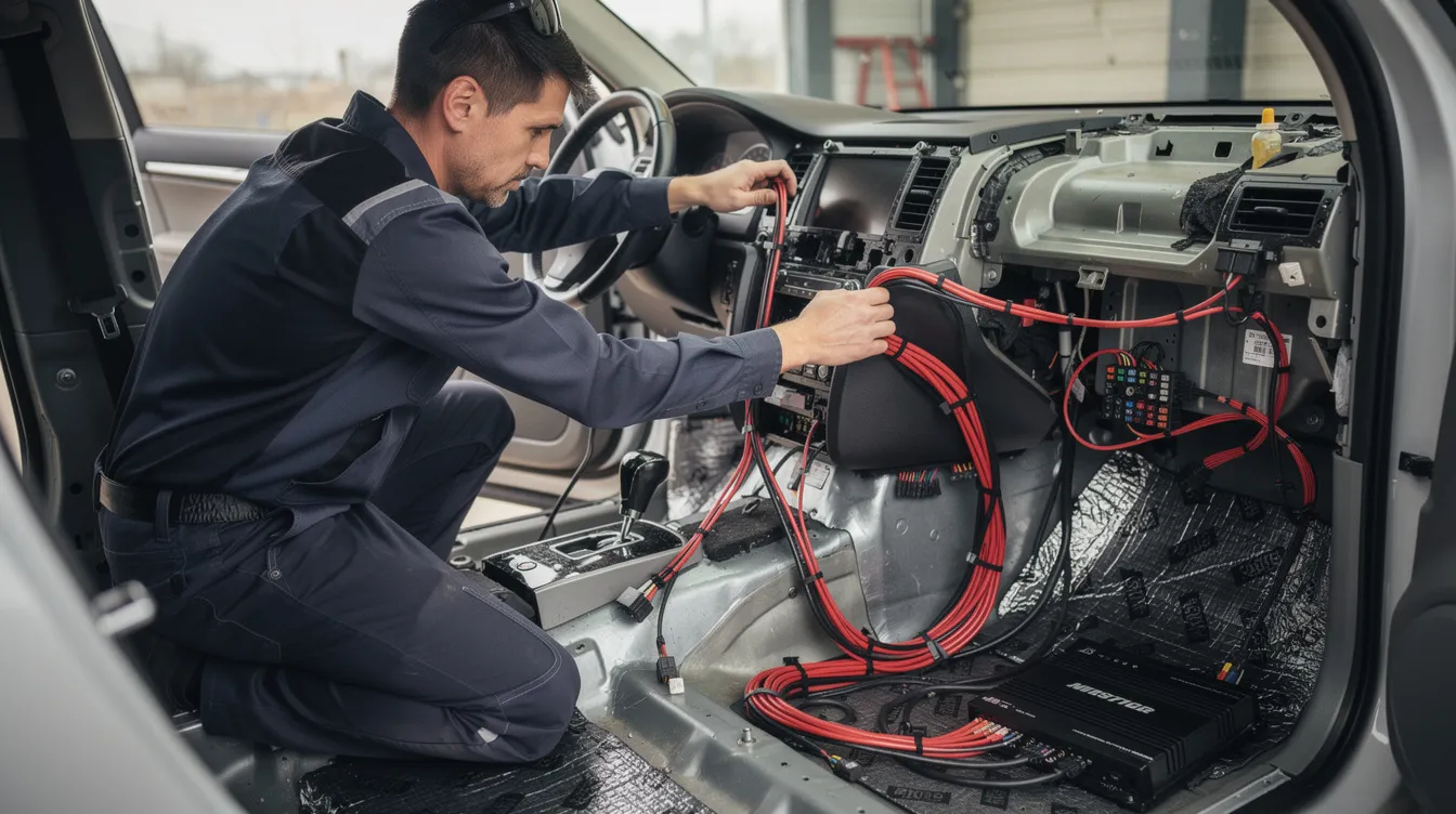 A technician is carefully routing amplifier wiring through the interior of a vehicle, ensuring optimal placement for the class D amplifiers to enhance sound quality and output power. The scene highlights the importance of efficient electronic design for achieving high performance in car audio systems.