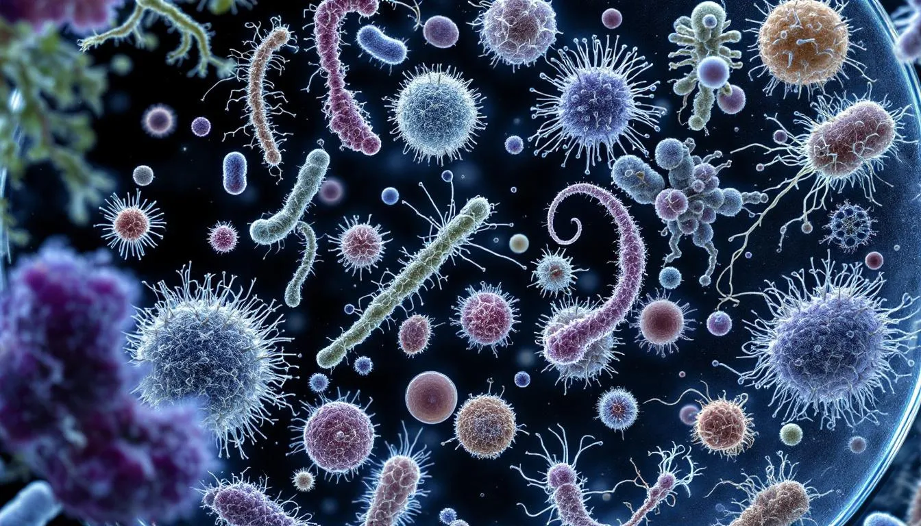 In this microscopic view, various bacteria and pathogens are visible, which can be found in human waste, highlighting the biohazardous materials present in human feces. This image emphasizes the potential risks of infectious diseases and the importance of proper precautions when handling bio hazardous waste, especially in contexts such as sewage backup or homeless encampments.