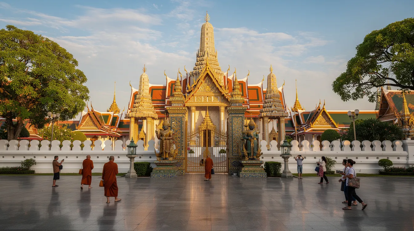 A imagem mostra o Grand Palace de Bangkok, um magnífico complexo arquitetônico que abriga o Templo do Buda de Esmeralda, com suas torres douradas e detalhes intrincados. Este famoso destino turístico na Tailândia é um símbolo da cultura e tradições do país, atraindo visitantes de todo o mundo.