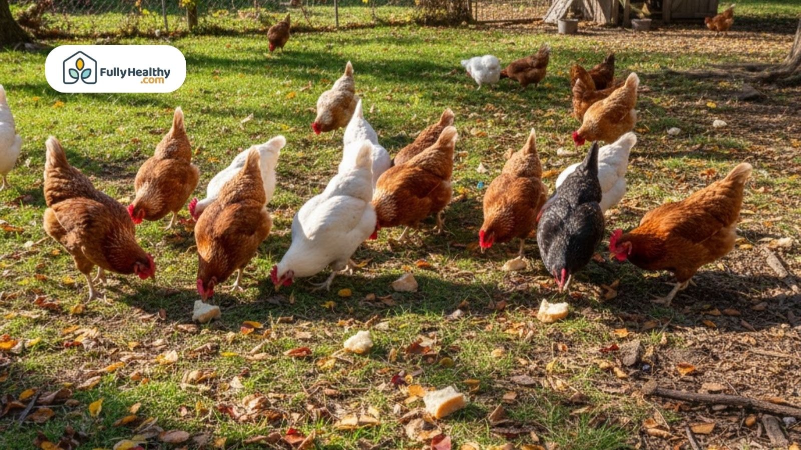 Backyard chickens pecking at bread pieces on grass.