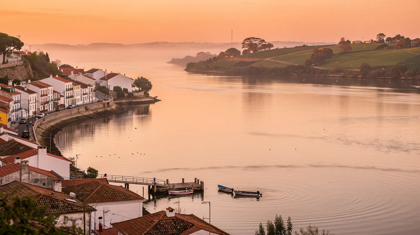 A imagem mostra uma vista deslumbrante do Rio Tejo, com as margens da cidade de Lisboa ao fundo, destacando o Mosteiro dos Jerónimos e o Castelo de São Jorge. O cenário é perfeito para capturar a essência da capital portuguesa, repleta de colinas e atrações culturais.