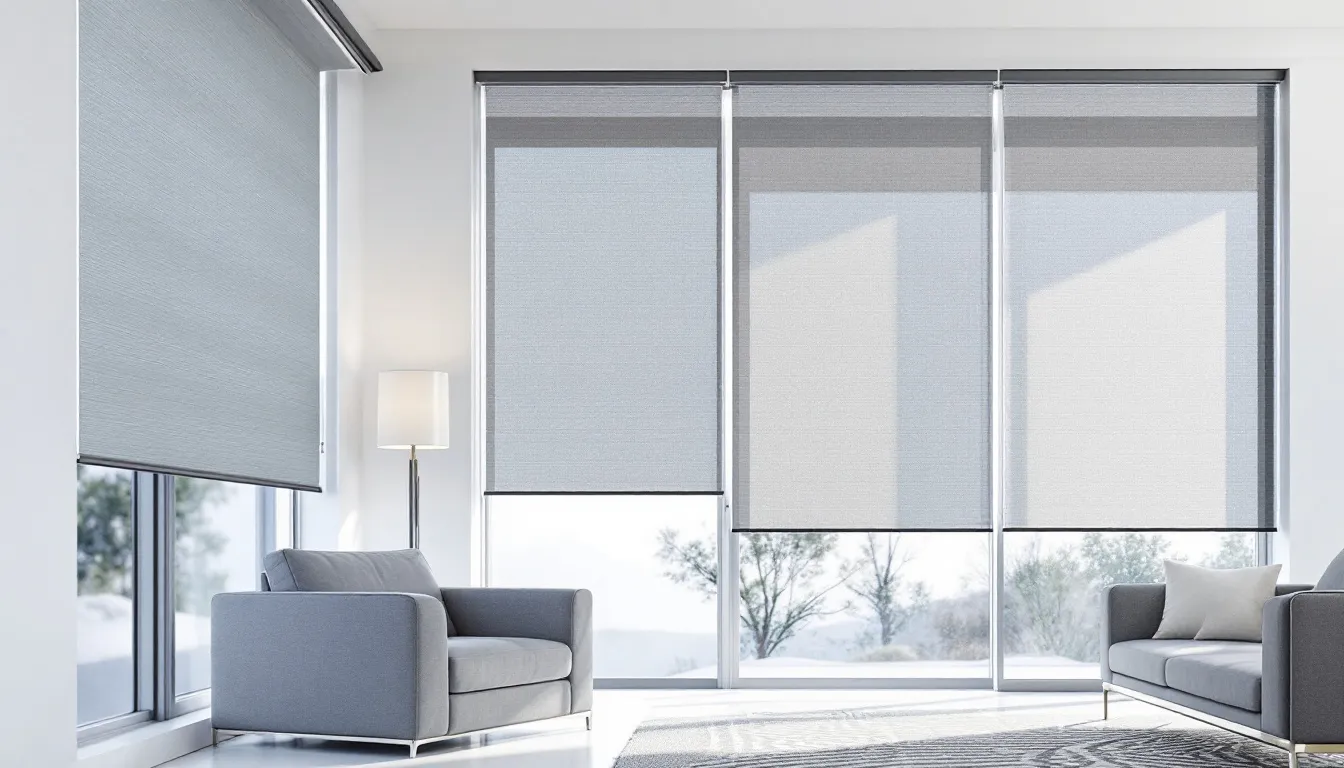 A sleek interior showcasing roller shades in a contemporary setting.