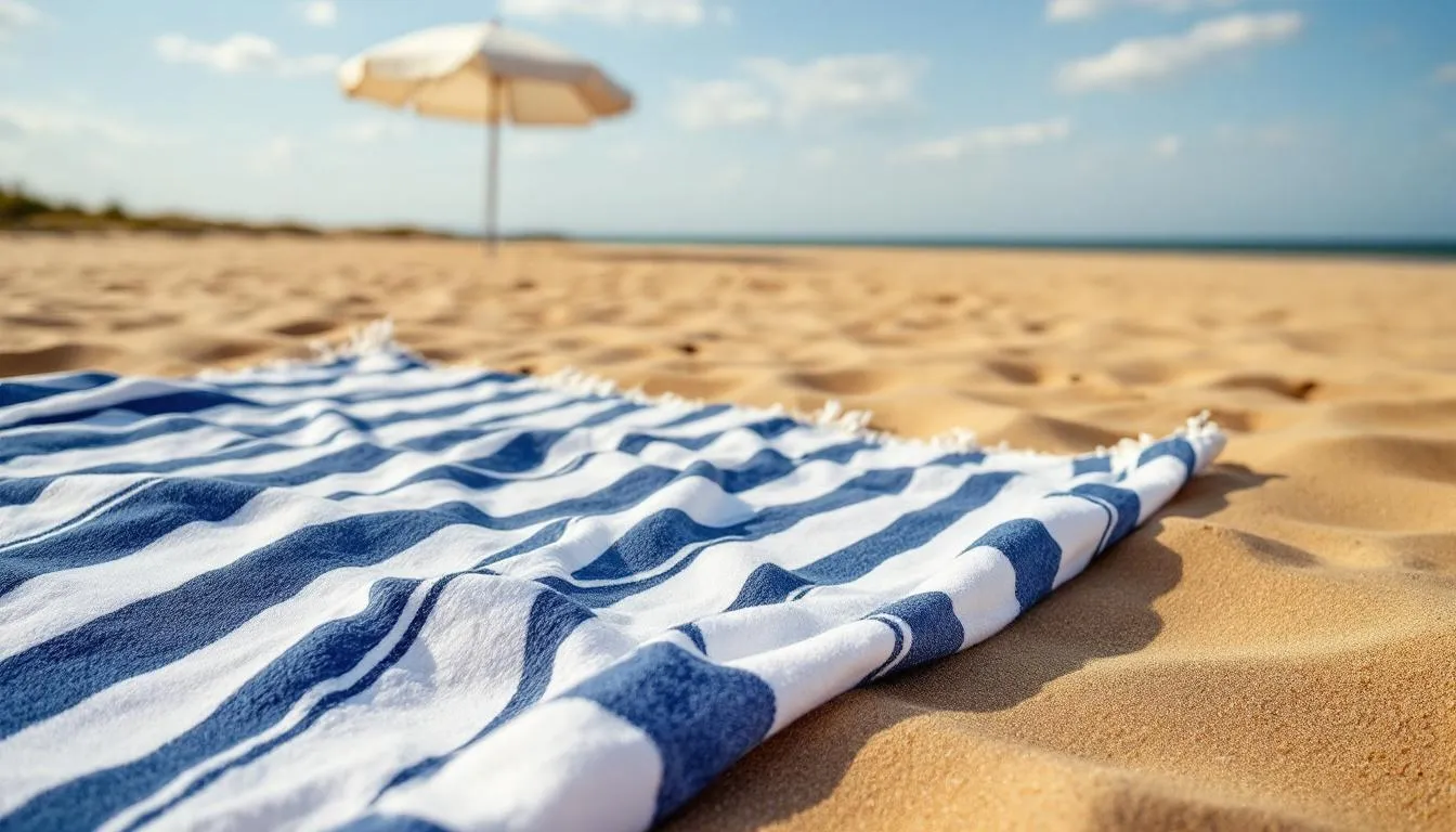 Une serviette de plage rayée classique est étendue sur le sable, offrant un contraste vibrant avec le parasol en arrière-plan. Cet accessoire de mode, essentiel pour les vacances, évoque l'esprit de farniente et de détente au bord de la mer.