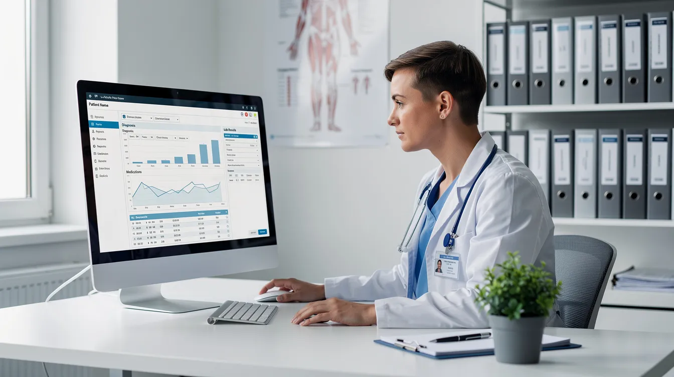 A healthcare professional is seated at a desk, intently reviewing medical records on a computer screen, likely assessing information relevant to potential medical malpractice claims and ensuring patient safety in their medical practice. The setting emphasizes the importance of accurate medical documentation in preventing medical errors and providing quality patient care.