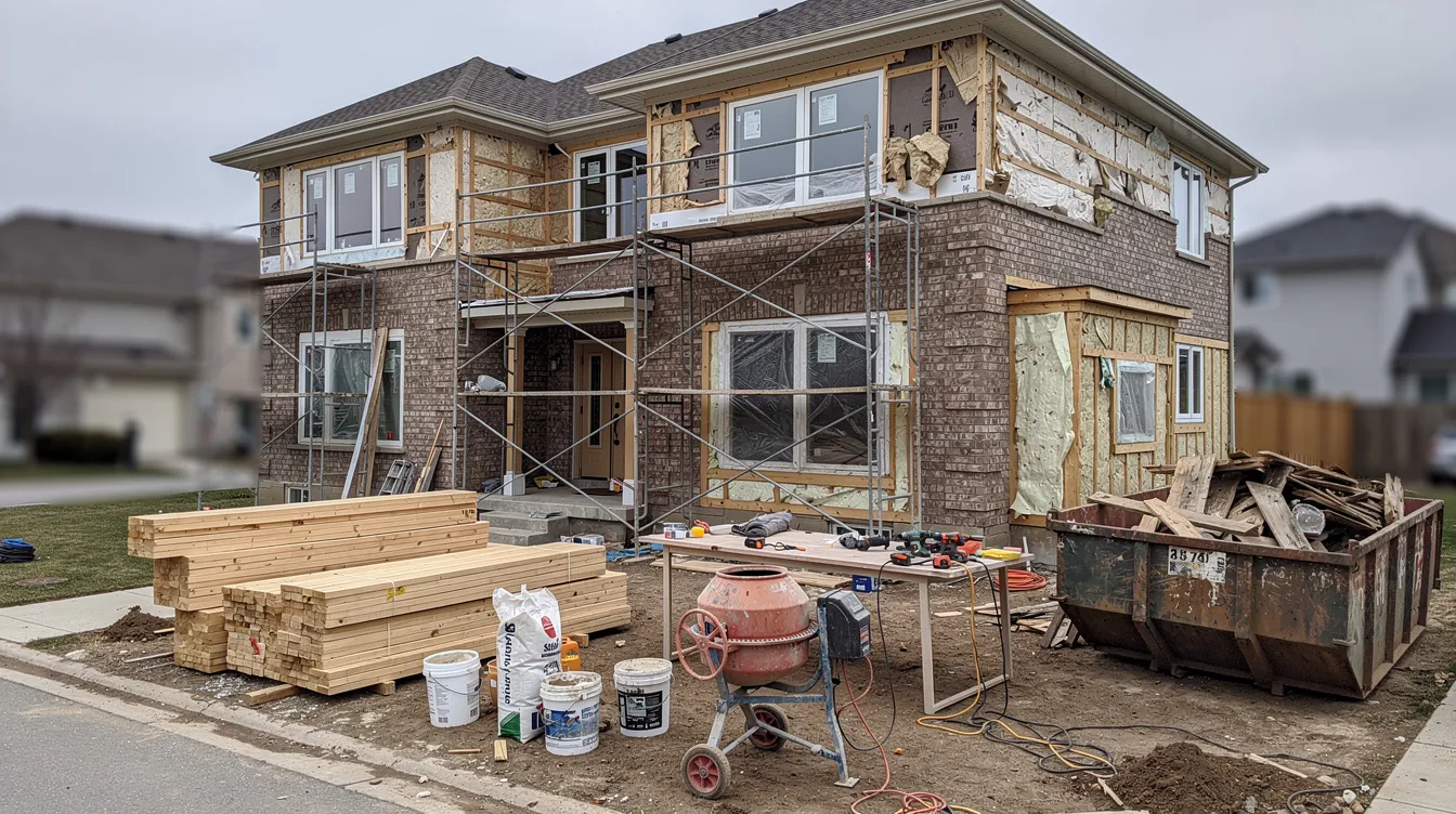 The image depicts a residential property undergoing renovation, surrounded by scaffolding and various building materials, highlighting the ongoing development efforts that may benefit small business owners and local communities through potential funding opportunities. This scene reflects the importance of financial support and technical assistance for eligible businesses looking to grow and improve their properties.