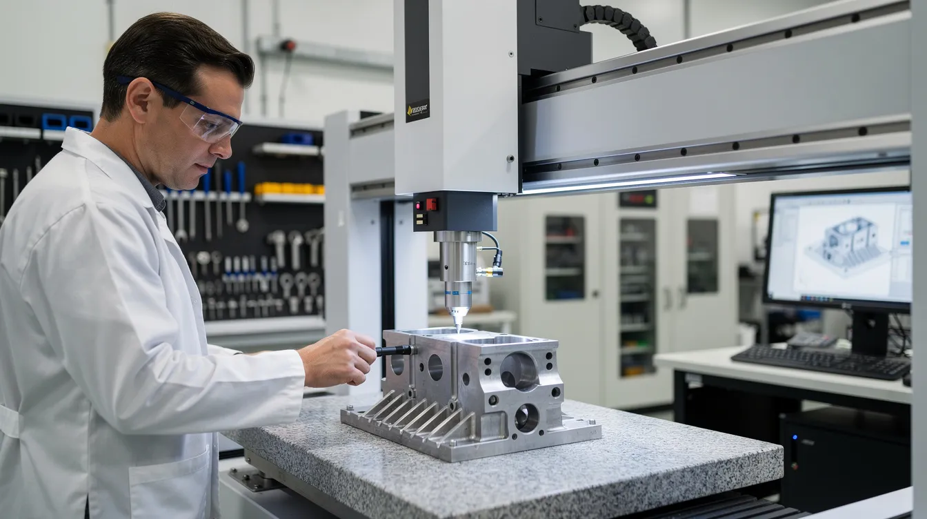 A quality inspector is carefully measuring a precision metal component using a coordinate measuring machine, ensuring it meets the stringent requirements of ISO 9001:2015 certification. This process highlights the commitment to quality management principles essential for serving aerospace and commercial markets.
