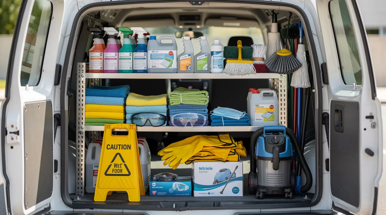 The image shows a service vehicle equipped with professional cleaning supplies and protective equipment, including hospital-grade disinfectants and sanitizing tools, essential for effective disinfection services in healthcare facilities and commercial spaces. This setup emphasizes the importance of disease control and safety during the ongoing coronavirus pandemic.