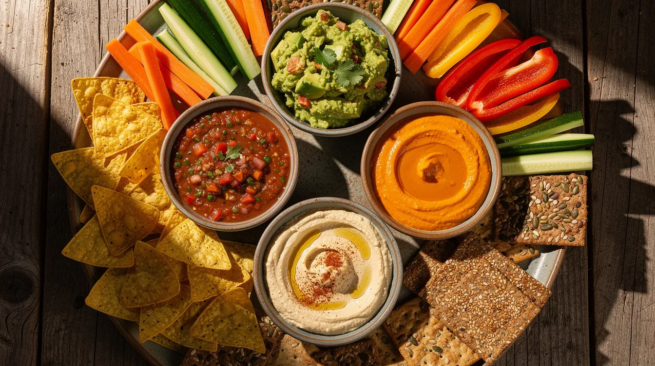 The image shows a vibrant table spread featuring several bowls of colorful dips, including guacamole and buffalo chicken dip, surrounded by crispy tortilla chips, crackers, and fresh vegetable sticks, perfect for a Super Bowl party or game day gathering. The wooden surface adds a rustic touch to this delicious assortment of party appetizers that are great for sharing.