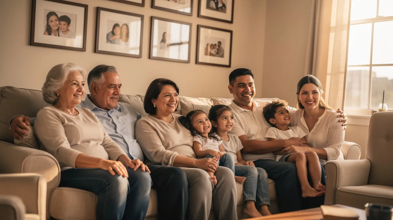 Una familia hispana se reúne en su hogar, mostrando gestos de confianza y esperanza mientras conversan y se apoyan mutuamente. La escena refleja un ambiente cálido y acogedor, donde el amor y la unidad son palpables, a pesar de los peligros y accidentes que pueden ocurrir en la vida cotidiana, como resbalones y caídas.