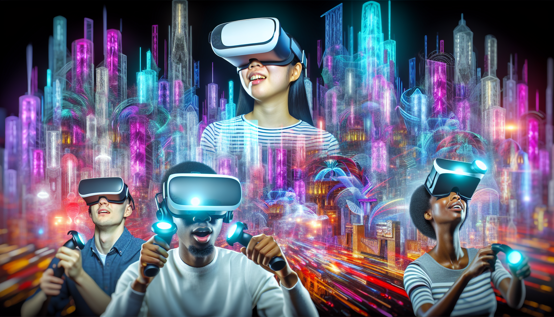 Virtual reality headset with a digital cityscape in the background