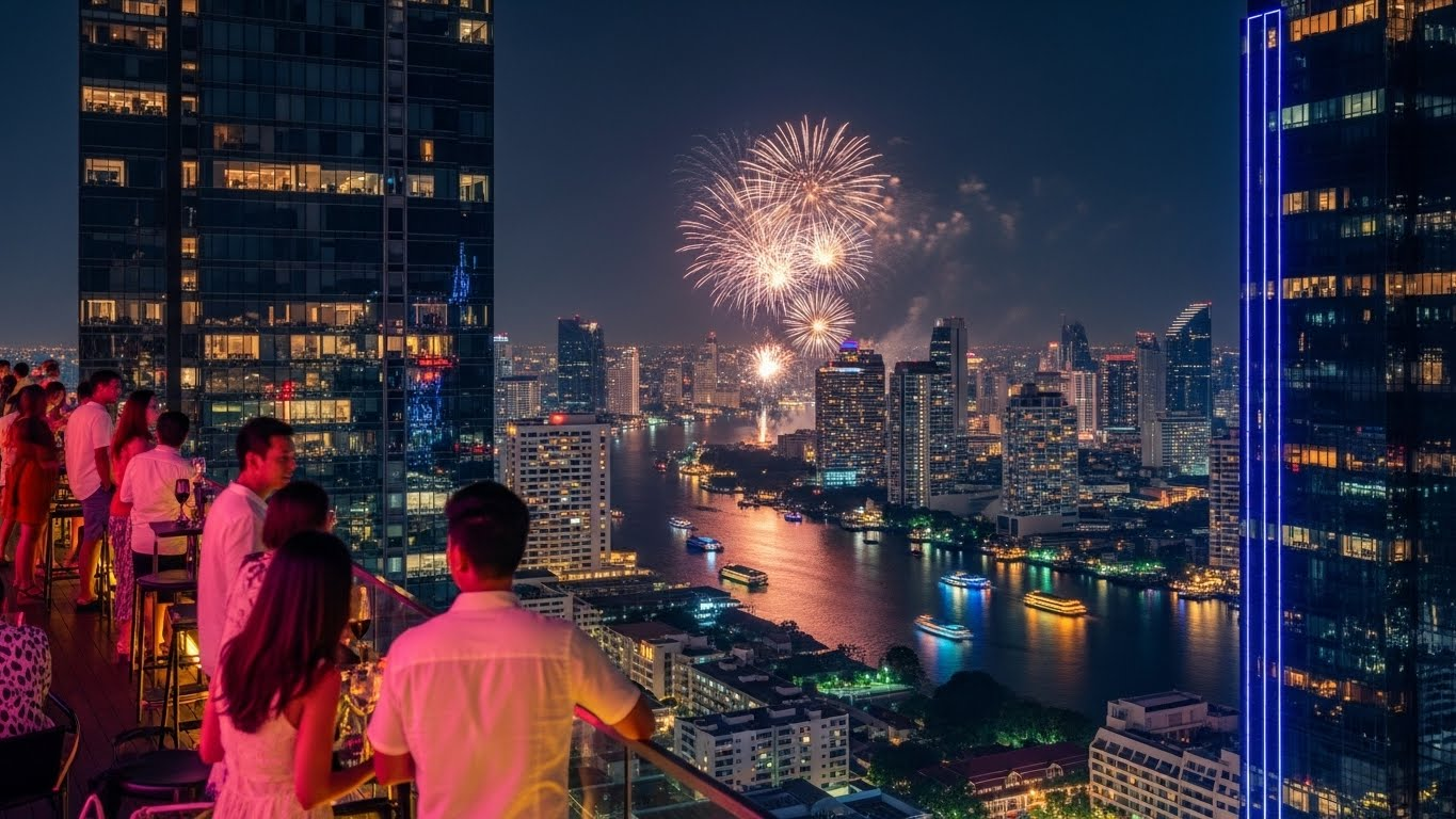 Bangkok rooftop bar view with fireworks over the skyline and the Chao Phraya River in the distance on New Year’s Eve.