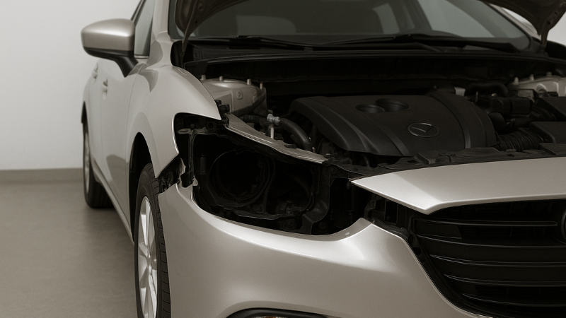 A car in garage under the replacament of old headlights