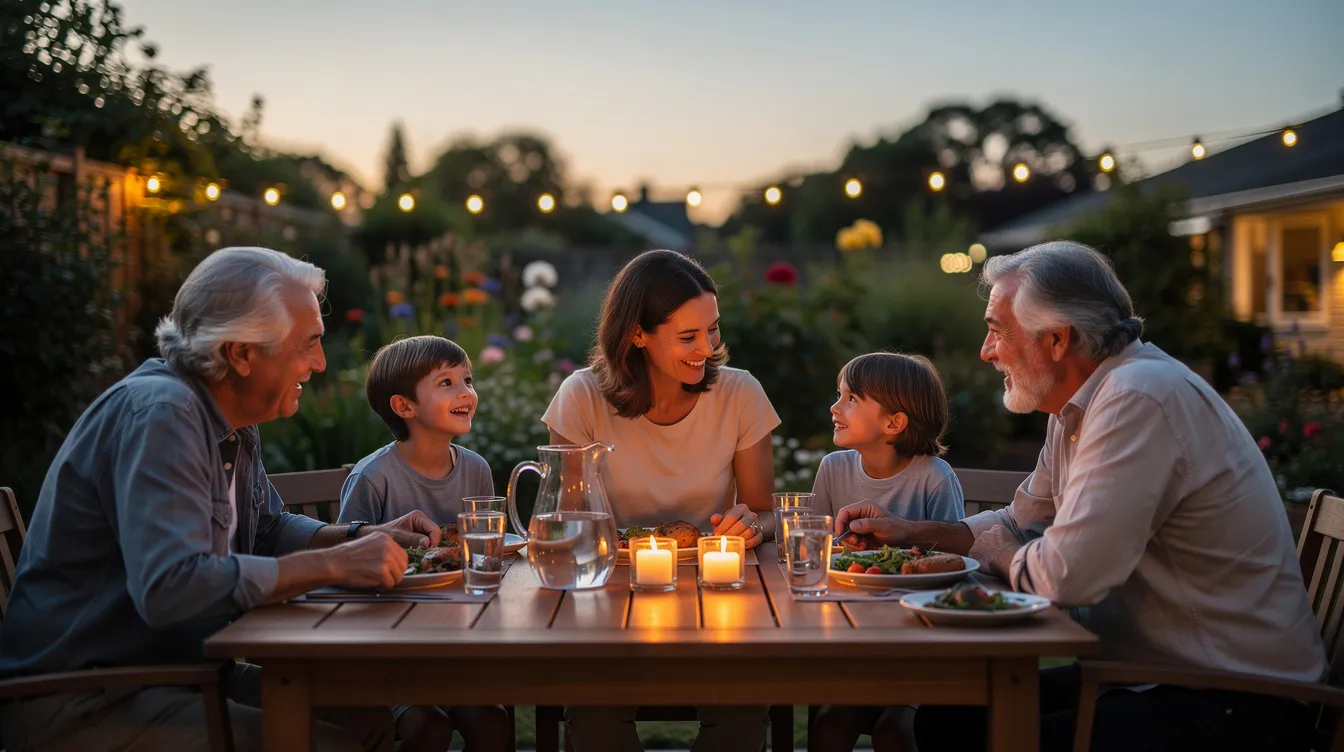 A family is gathered around a beautifully set dinner table, illuminated by the warm glow of candles at dusk. The atmosphere reflects a sense of togetherness and spiritual worship, possibly hinting at the importance of Jewish traditions and prayers, such as the Shema Yisrael, as they share a meal.
