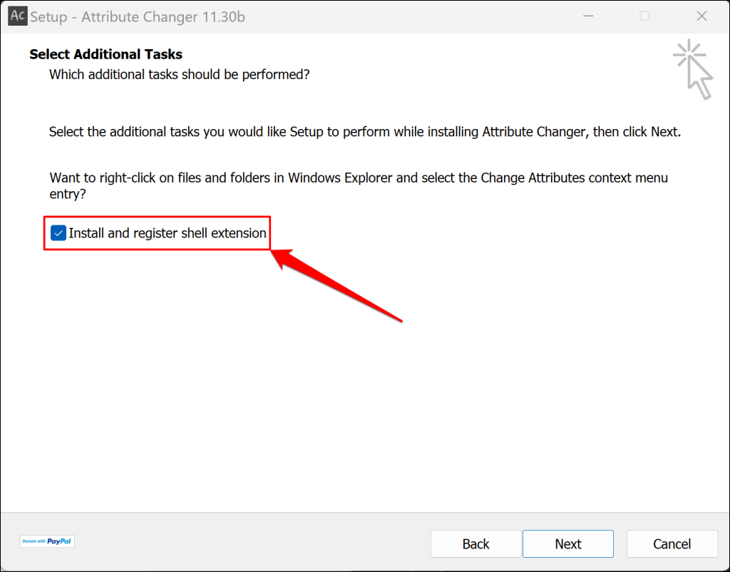 Attribute Changer version 11 installation window