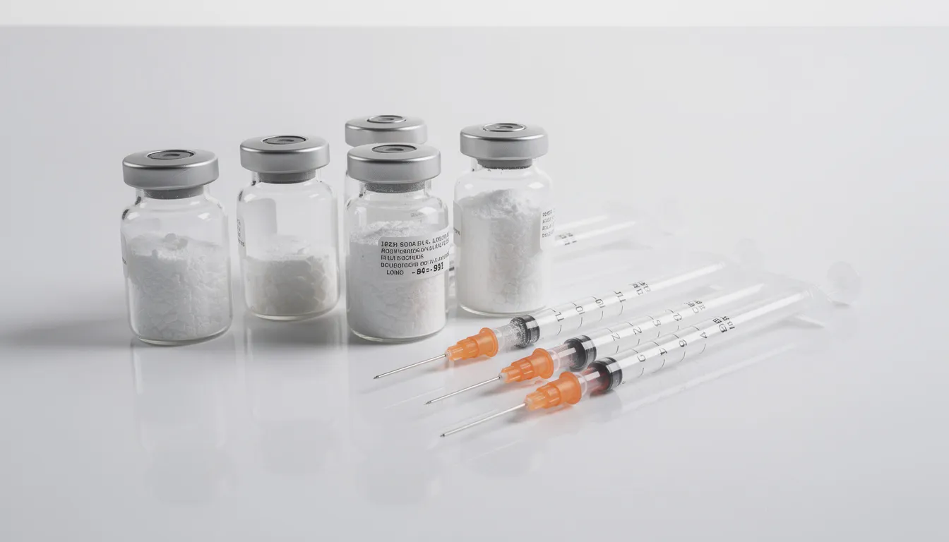 The image features several small laboratory vials containing lyophilized peptides alongside insulin syringes, all displayed on a clean white surface. This setup is commonly used for peptide therapy, where users can reconstitute lyophilized peptides to achieve the desired concentration for injections.