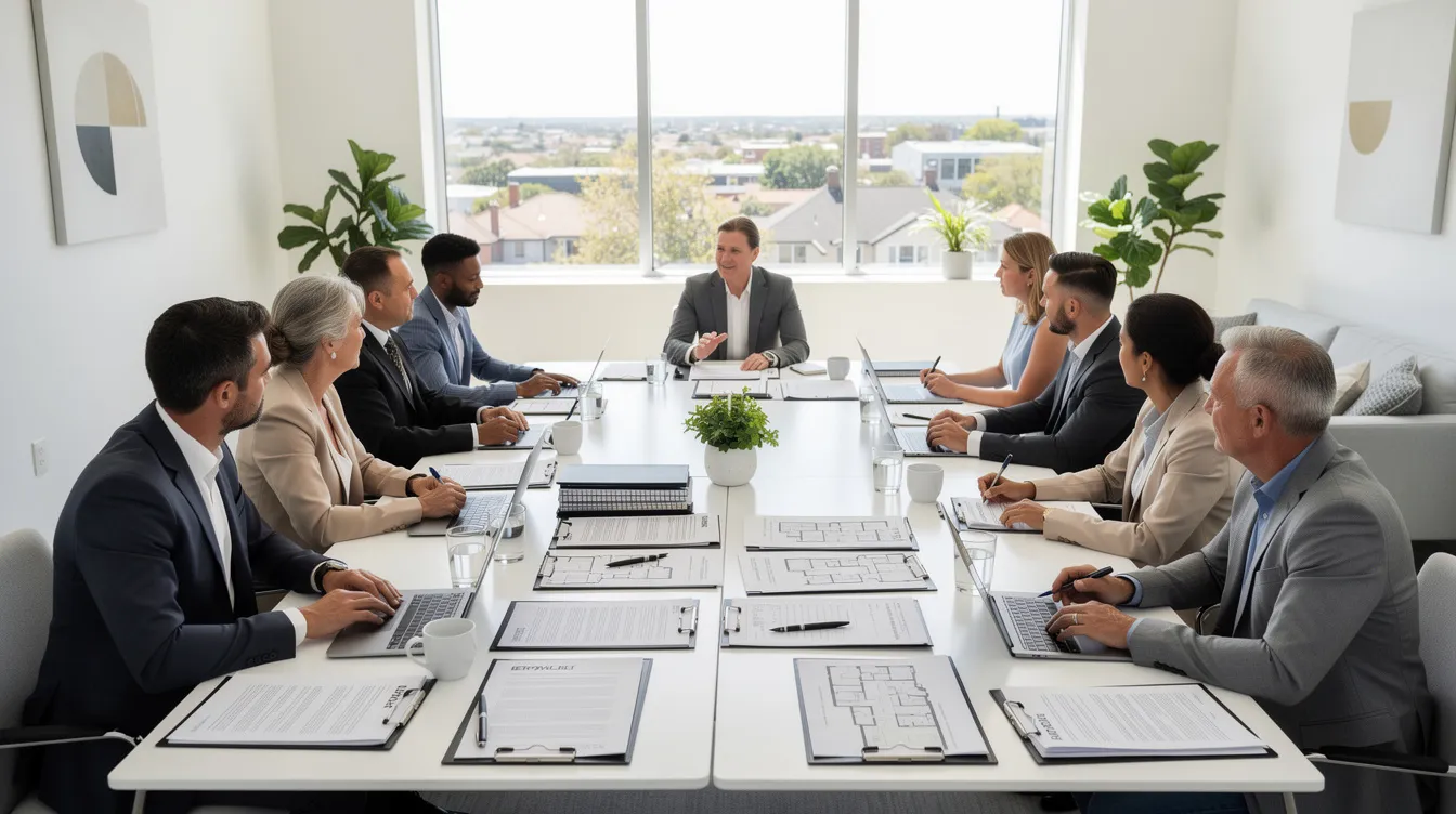 The image depicts a strata council meeting taking place in a modern community room, with various documents, including an electrical planning report, spread across a table. Council members are engaged in discussion, focusing on the strata corporation's electrical system and future demands, such as the need for heat pumps and EV chargers.