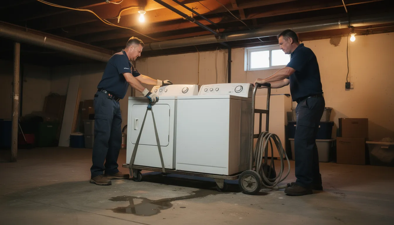 A professional team is efficiently removing an old washing machine and dryer from a basement, ensuring all the heavy lifting is handled with care during this estate cleanout. The crew is dedicated to providing reliable junk removal services, making the process easier for homeowners in West Hartford.