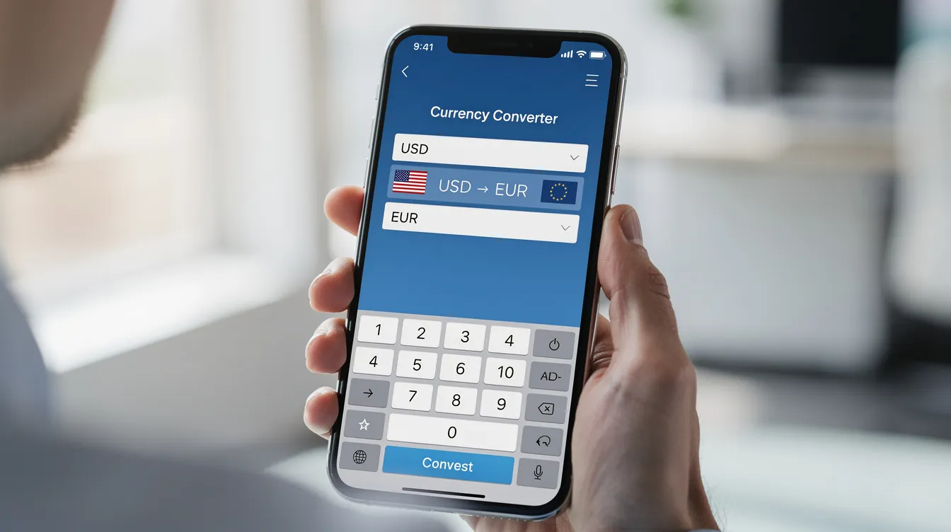 A person is holding a smartphone displaying a banking app with a currency conversion screen, showcasing options for international money transfer and exchange rates. The app emphasizes user convenience for managing personal accounts and facilitating transactions like sending and receiving money.