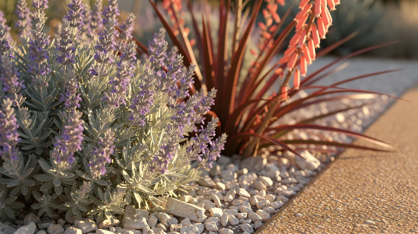 This close-up image showcases vibrant Texas sage with purple blooms alongside striking red yucca featuring coral flower spikes, all nestled in a gravel bed next to a decomposed granite pathway, highlighting the beauty of native plants in a thoughtfully designed outdoor space. The arrangement reflects the principles of landscape architecture, creating a visually appealing and low-maintenance garden element.