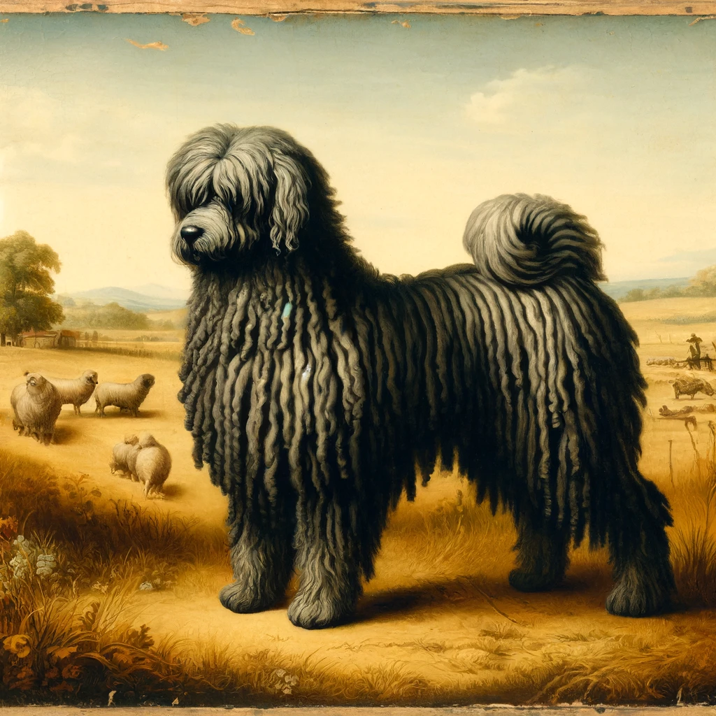 historical painting of a Puli dog from ancient Hungary. The dog, with its unique corded coat resembling an antique floor mop, is shown in a traditional Hungarian landscape