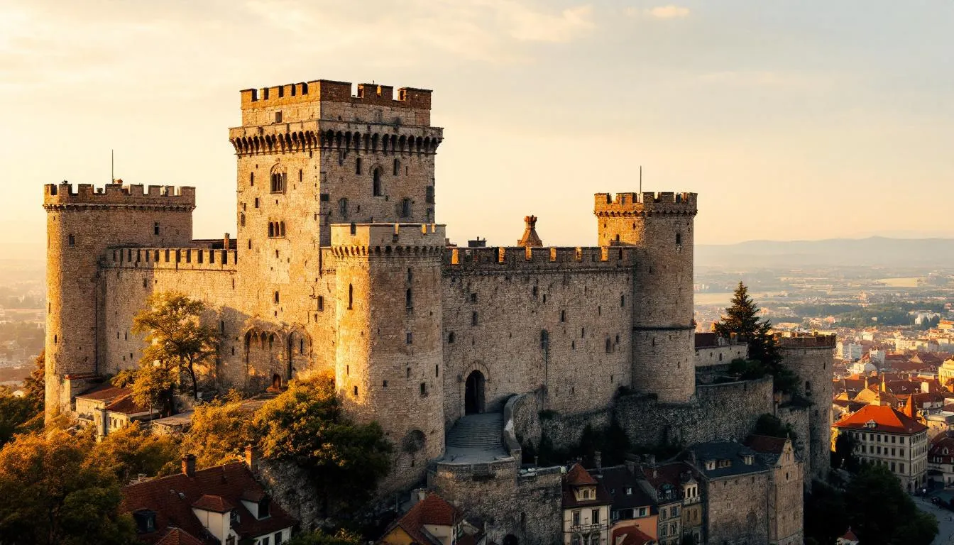 The image depicts a majestic medieval castle perched atop a hill, overlooking a historic city characterized by cobblestone streets and traditional architecture. This picturesque scene captures the rich cultural heritage and stunning architecture of a European city, making it an ideal destination for unforgettable stag parties and vibrant nightlife.