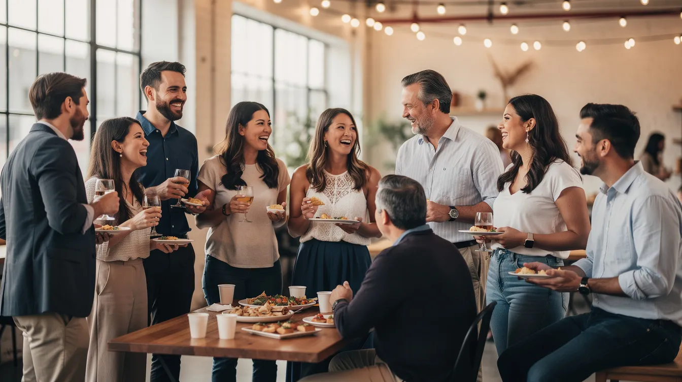 A diverse group of people is socializing in a brightly lit indoor setting, enjoying casual conversations and laughter, reflecting a warm and friendly atmosphere. This gathering emphasizes the importance of building connections, similar to the interactions found on online dating apps and dating platforms, while prioritizing safety and comfort in social engagements.