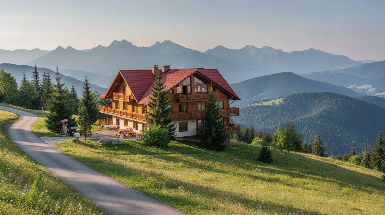 Panoramiczny widok na luksusowy hotel w górach, otoczony beskidzkimi szczytami, idealny do organizacji konferencji oraz spotkań biznesowych. Obiekt oferuje nowoczesne sale konferencyjne oraz strefy spa, zapewniając komfortowe warunki dla gości.