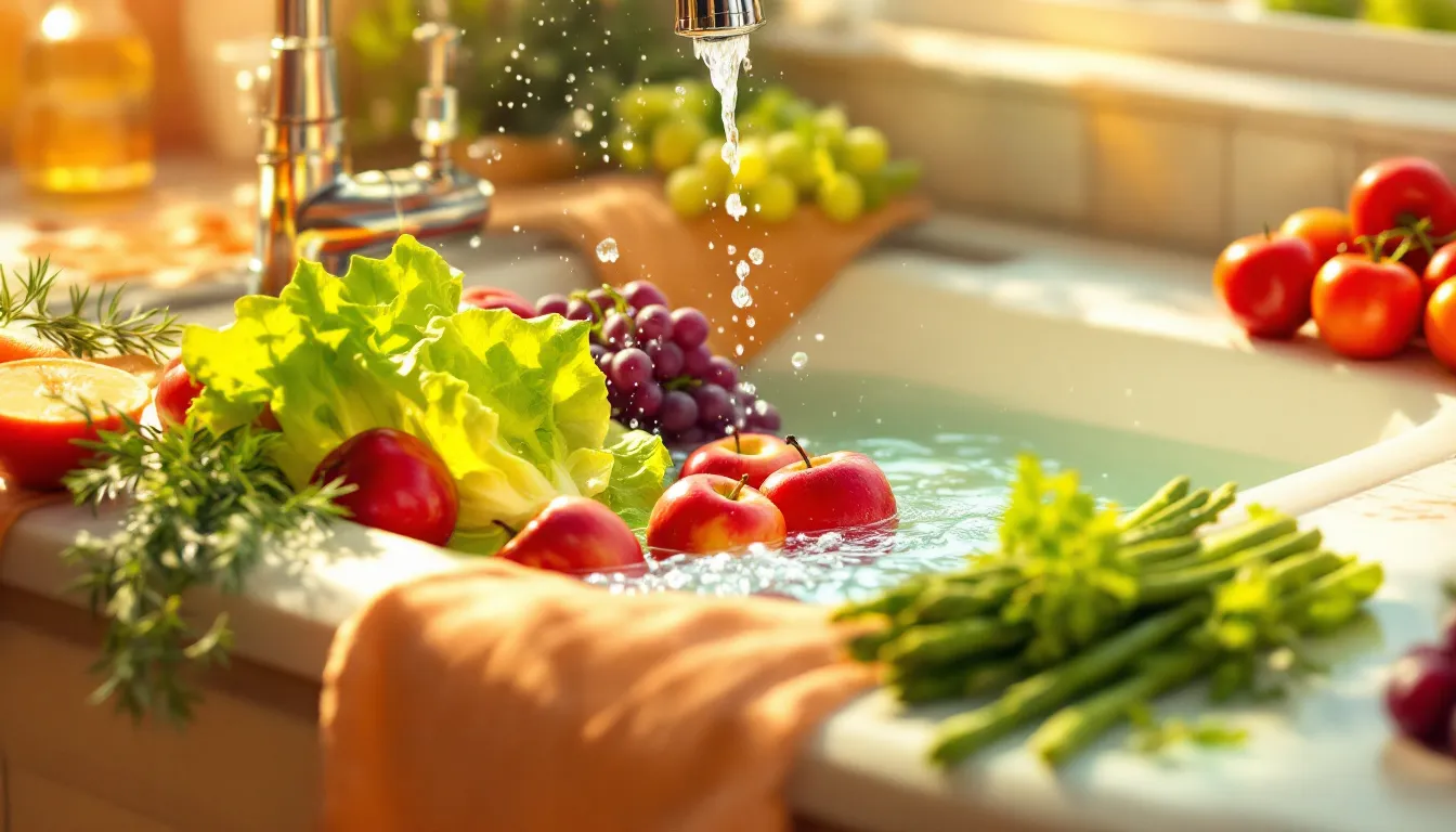 A clean kitchen sink with fruits and vegetables being rinsed under water.