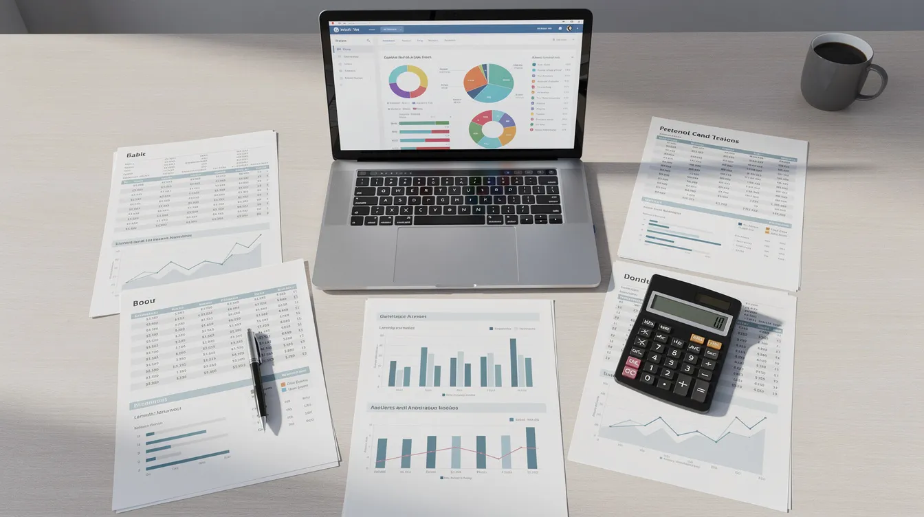 The image depicts a professional desk featuring financial documents, a calculator, and a laptop displaying data charts, all essential tools for mass tort lawyers managing litigation cases. This organized workspace reflects the focus on lead generation and the intake process crucial for law firms involved in mass tort practice.