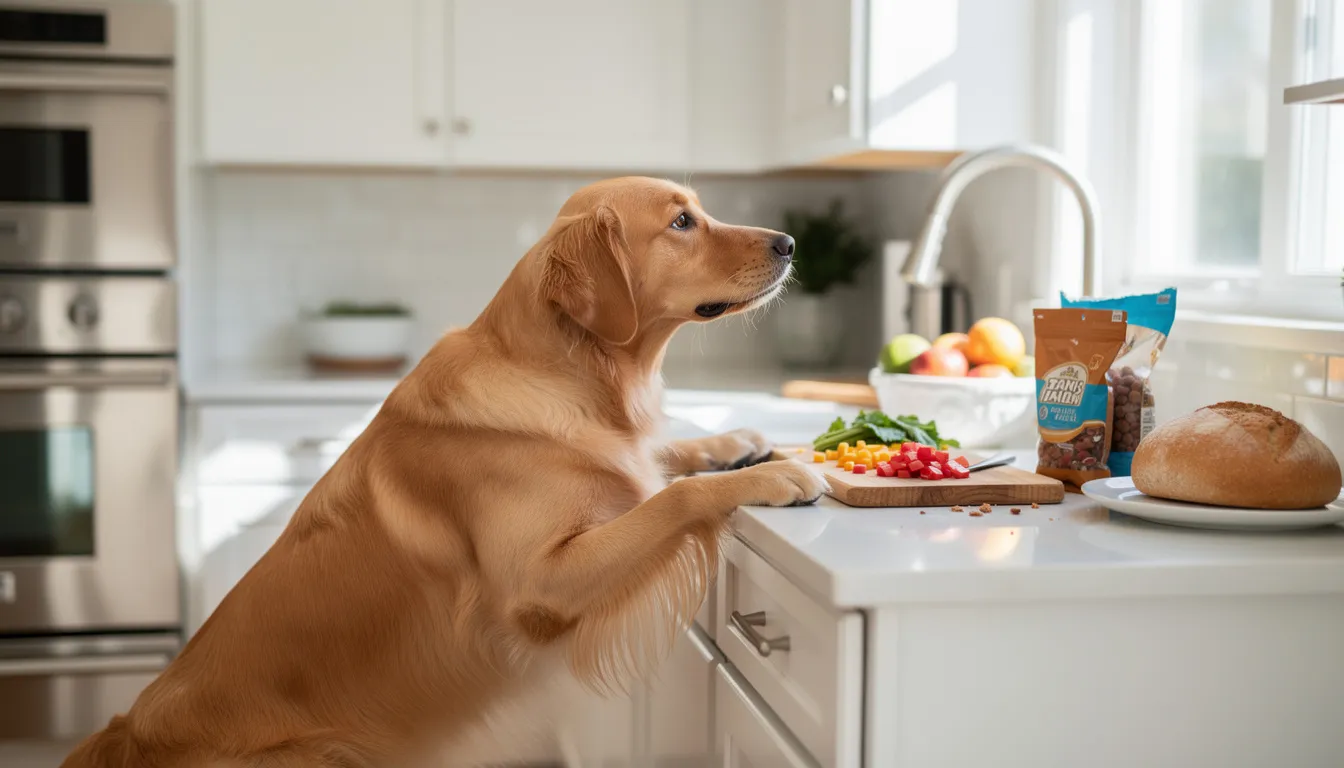 A curious golden retriever is sniffing around a kitchen counter cluttered with various household items, highlighting the need for pet poison prevention as common household toxins can pose serious risks to our furry companions. Responsible pet owners should ensure that harmful foods and medications are kept out of reach to maintain a safe environment for their pets.