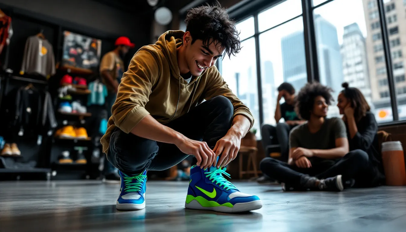 A skater trying on a new pair of skateboard shoes for fit and comfort.