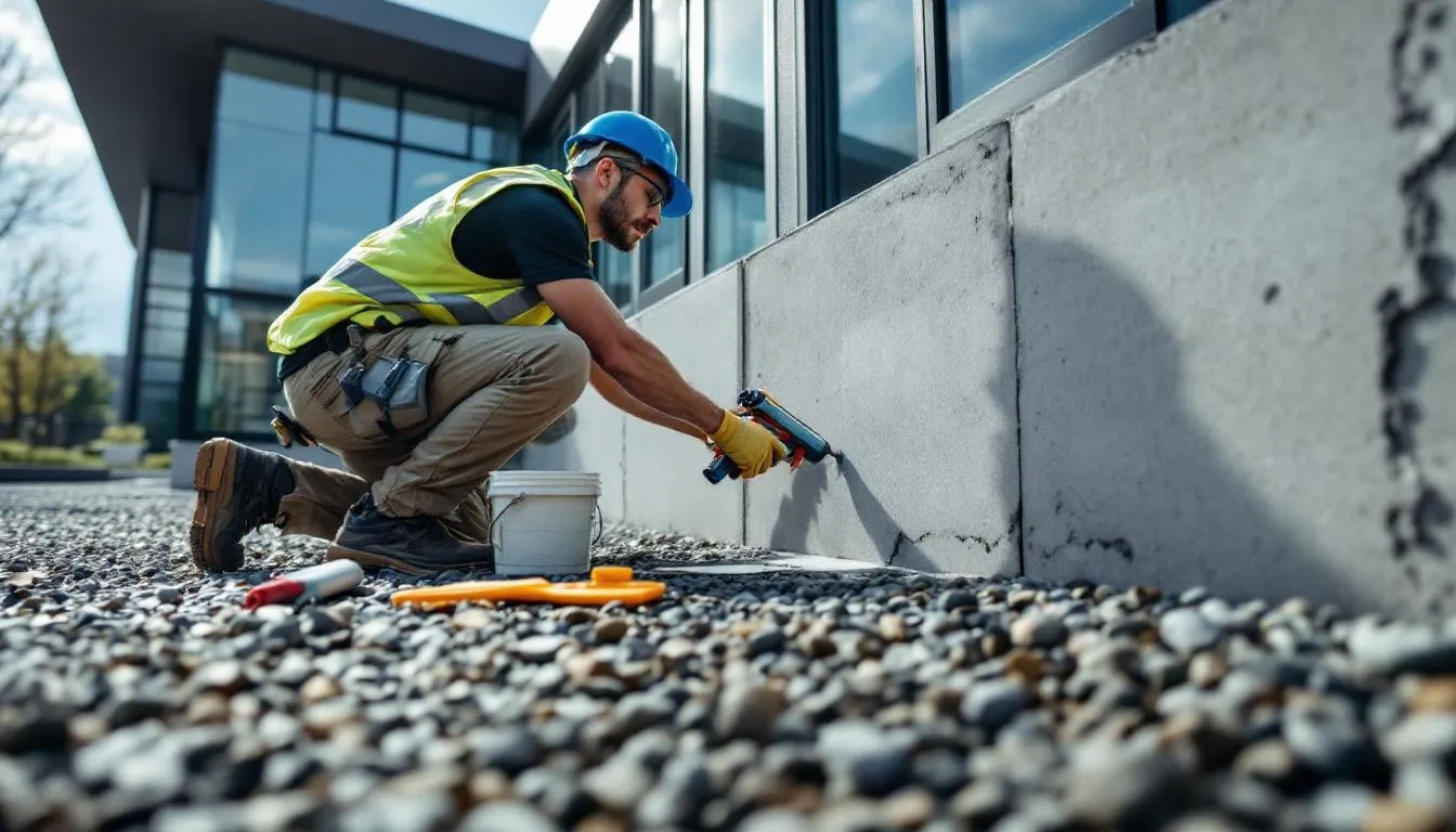 A professional technician is sealing entry points around a building's foundation to prevent rodent activity, ensuring a clean environment and reducing health risks associated with rodent waste. The technician is equipped with rubber gloves and tools for thorough inspection and pest removal.