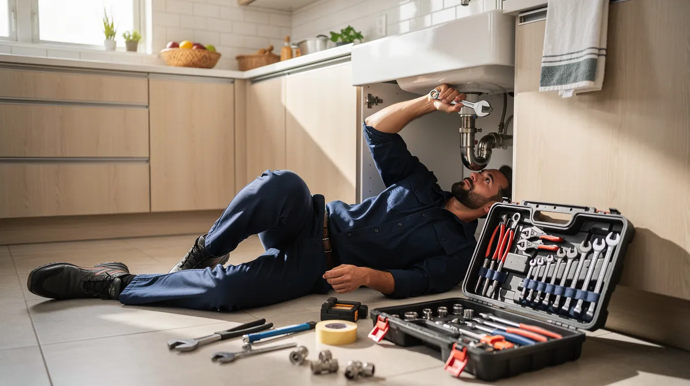 A licensed plumber in plain navy clothing is seen working under a kitchen sink, equipped with various tools to address plumbing issues. The image conveys a lifestyle feel, showcasing the plumber's expertise in providing essential plumbing services for homeowners.