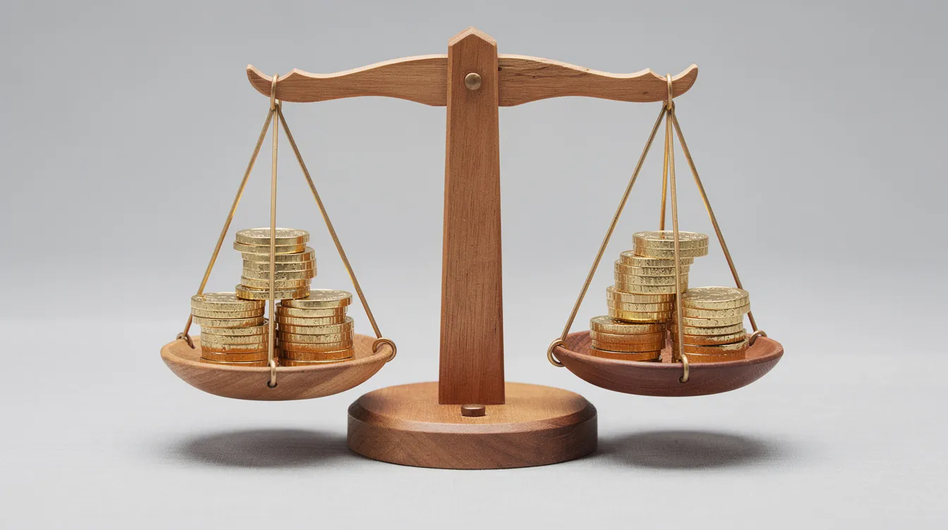 The image features a simple wooden balance scale, with stacks of gold coins on both sides, symbolizing the financial balance often sought in real estate transactions. This visual representation can evoke concepts related to bridge financing, highlighting the importance of managing cash flow and securing necessary funds during the transition between selling an existing property and purchasing a new one.