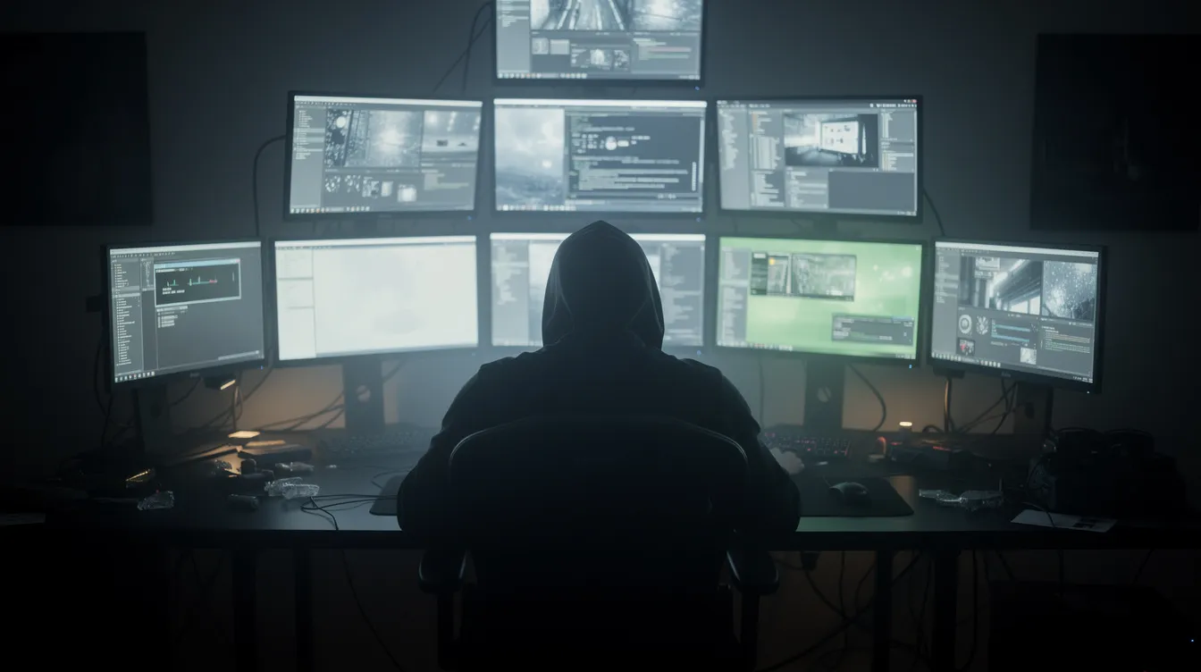 The image depicts a hooded individual seated at a computer in a dimly lit room, surrounded by multiple glowing screens, suggesting a focus on sensitive financial information and potential risks related to ai scams. The scene evokes a sense of urgency regarding account security and the need to protect personal details in an increasingly digital world.