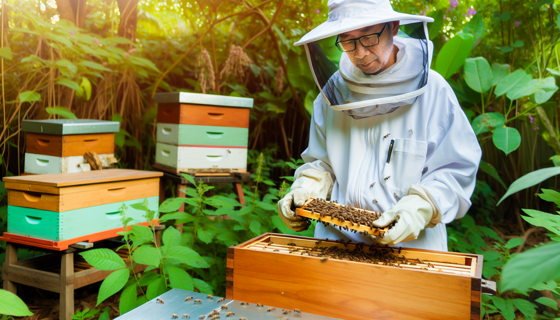 A beekeeper tending to honey bees in a natural environment