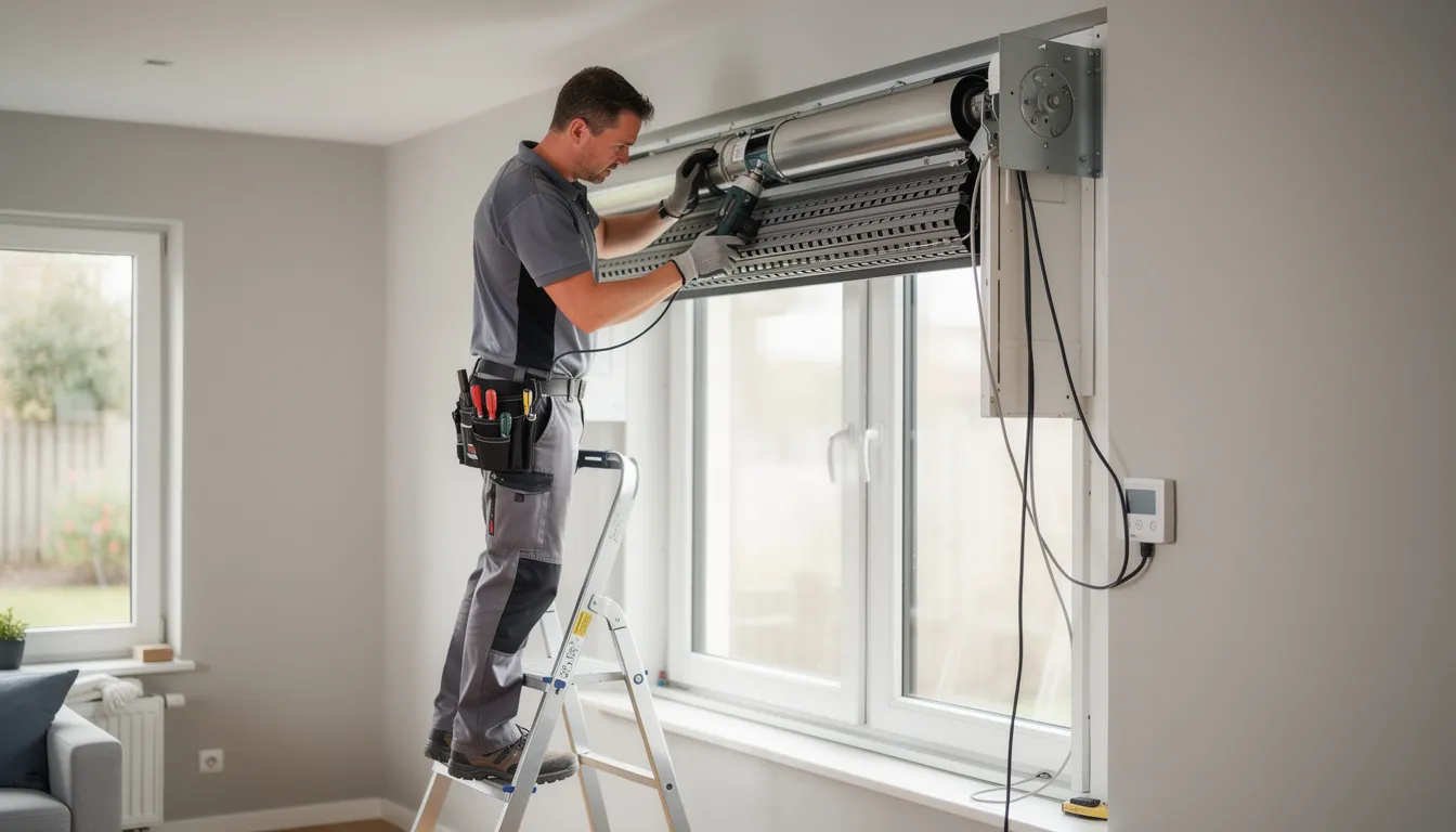 Een vakman installeert een rolluikmotor in een rolluikkast, waarbij hij zorgvuldig de elektrische bediening voorbereidt voor optimale werking van de nieuwe rolluiken. Deze installatie is essentieel voor het soepel laten functioneren van zowel manuele als elektrische rolluiken.