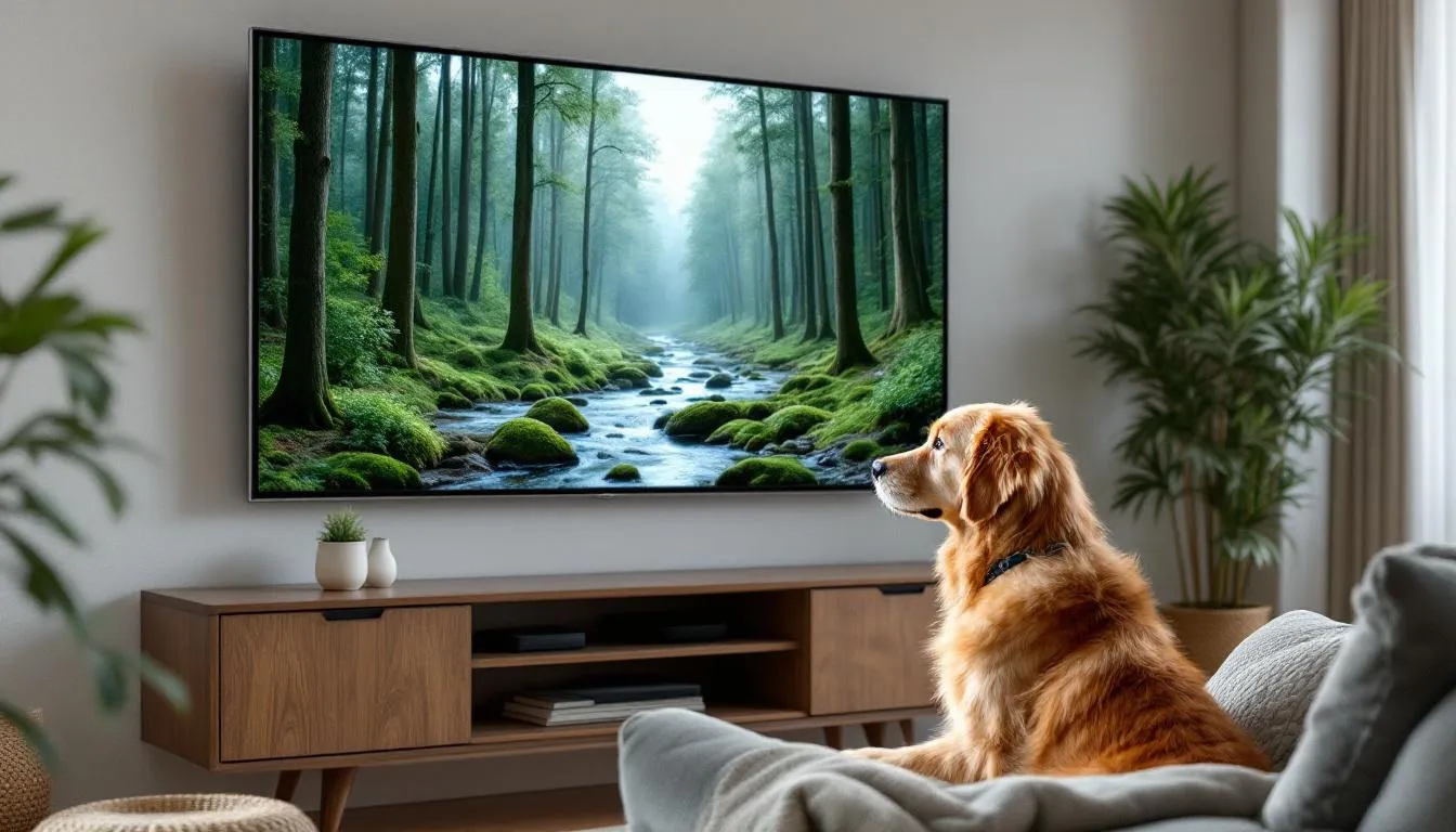 A dog sits comfortably at a distance, intently watching a modern flat-screen TV that displays captivating nature footage. This scene highlights how dogs can enjoy watching television, particularly nature documentaries, as they focus on the moving images and sounds on the screen.