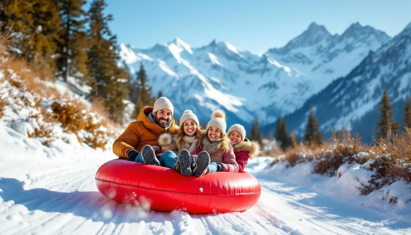Family tubing down a snowy hill in Canaan Valley, West Virginia, enjoying winter fun.