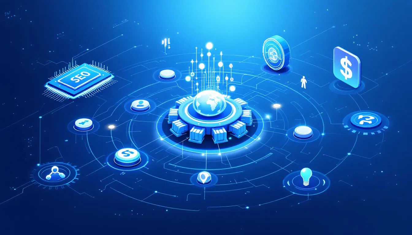An illustration depicting future trends in SEO and SEM integration, including AI and automation.