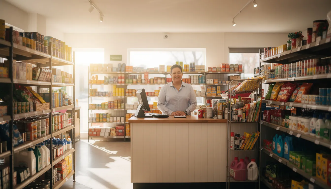 The image depicts a realistic interior of a thriving local general store, where a confident small business owner stands behind the counter, exuding professionalism and friendliness. Shelves stocked with everyday goods and warm, natural lighting create an inviting atmosphere, reflecting the success of this serial entrepreneur who has secured funding and avoided frustrations surrounding traditional lenders, such as the slow and arduous process.
